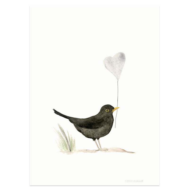 Postkaart 'merel en hart'