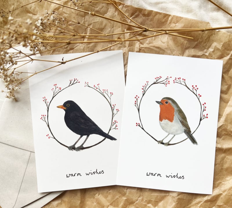 Kerstkaart 'Roodborstje & bessen'