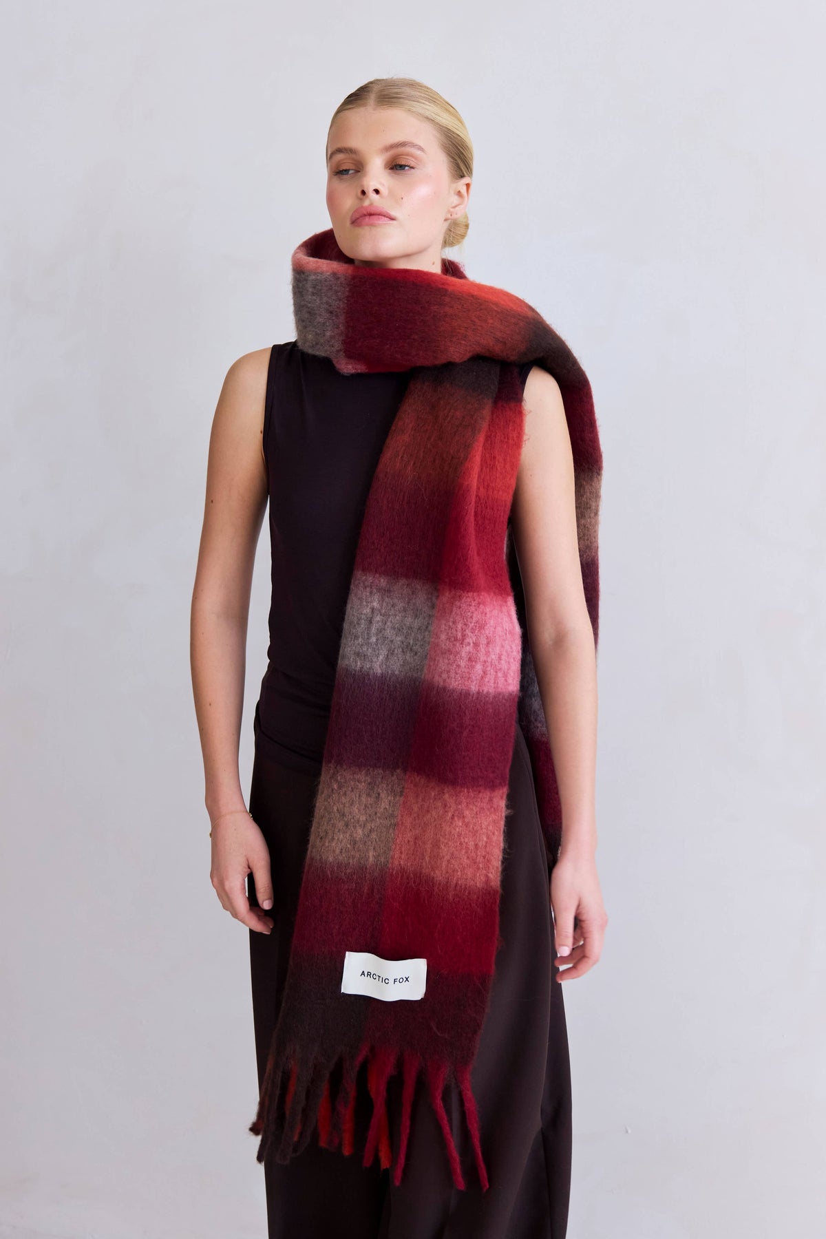 De Reykjavik-sjaal - 100% gerecycled - bordeaux geruit