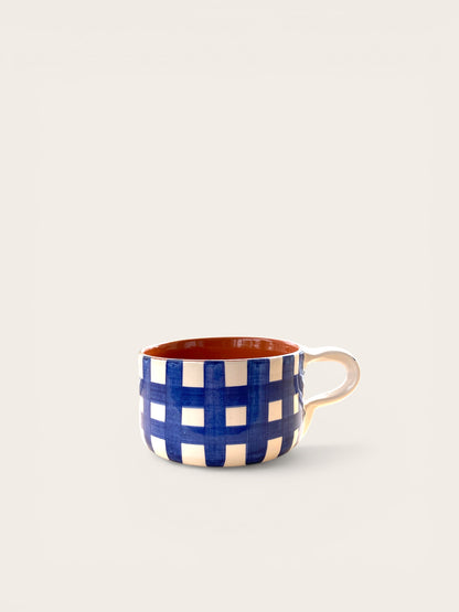 Strakke platte beker / soeptas - grote ruiten - cobalt