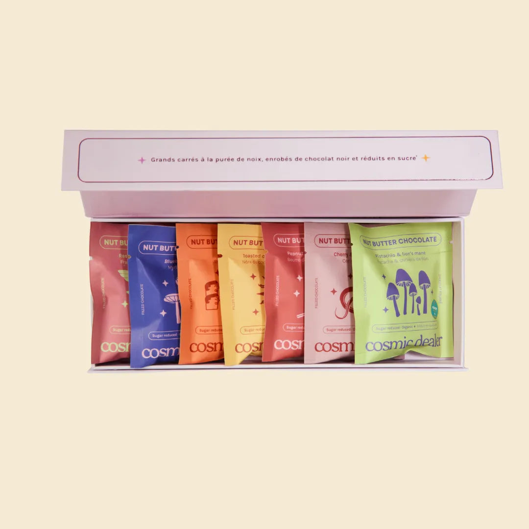 Doos met 7 stuks notenboterchocolaatjes  (bestsellersmaken)- Chakra-doos