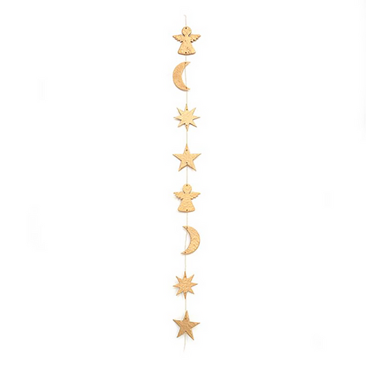 Slinger van gouden ster, maan en engel in papier - handmade & fairtrade